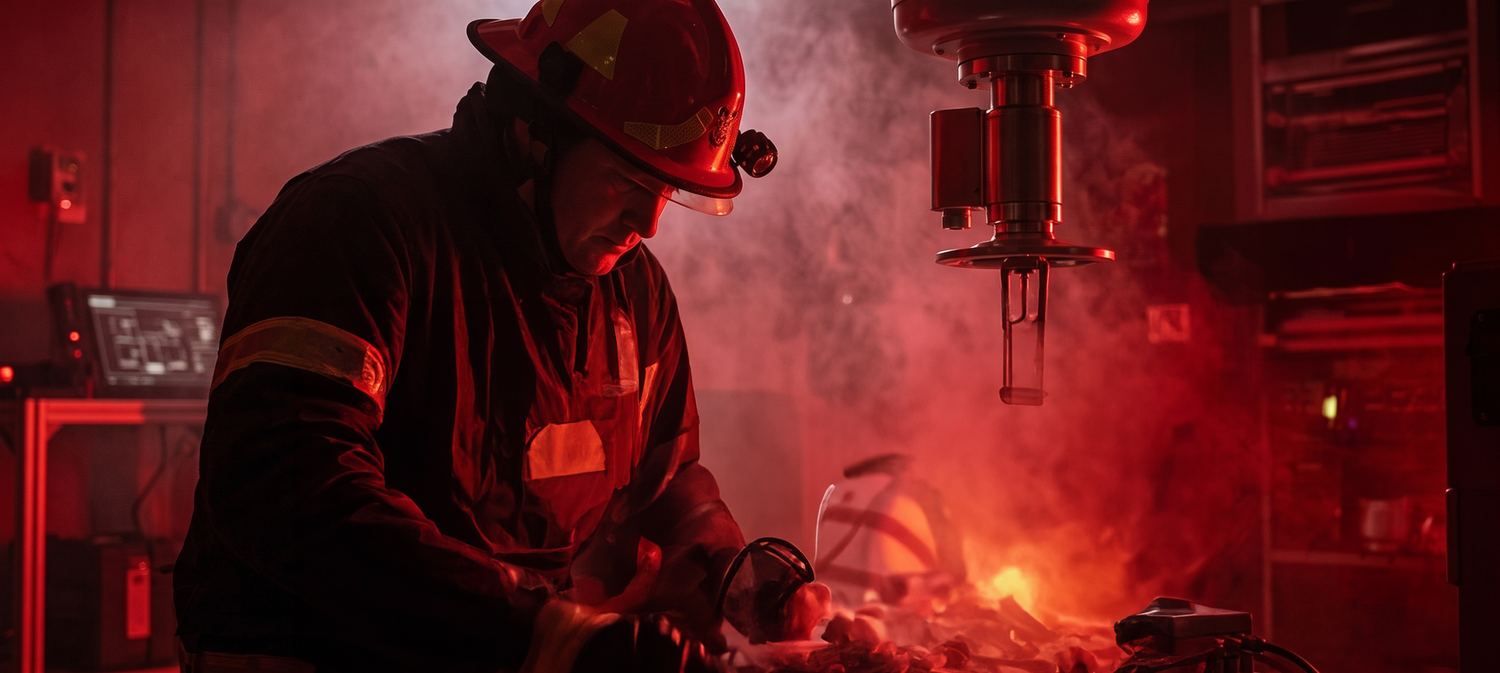 A firefighter working over glowing equipment in dense red smoke